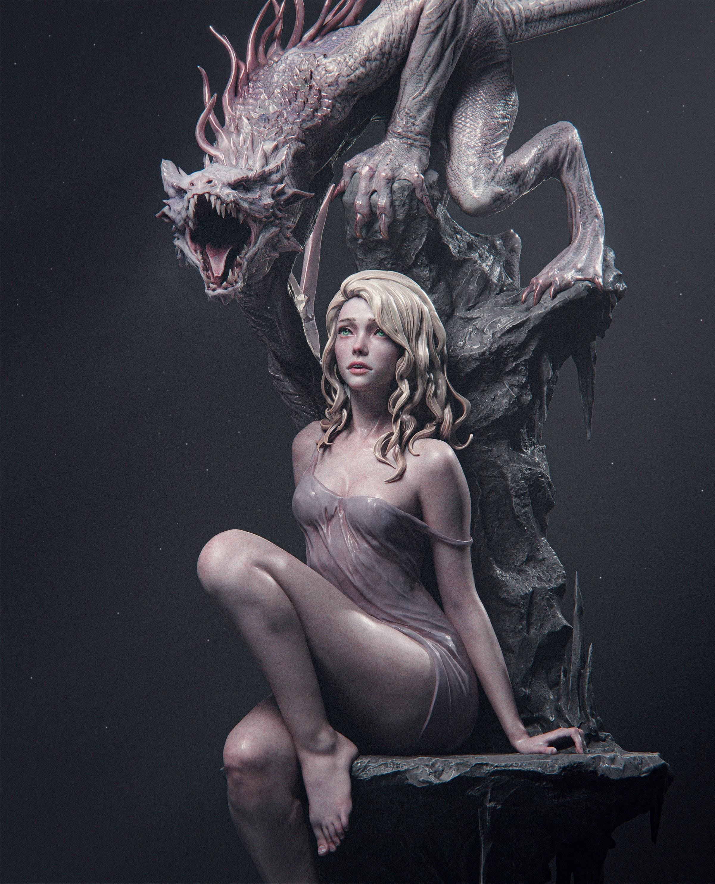 Elegy of the Wyrm | Fantasy Dragon & Maiden | 1/6 hand painted