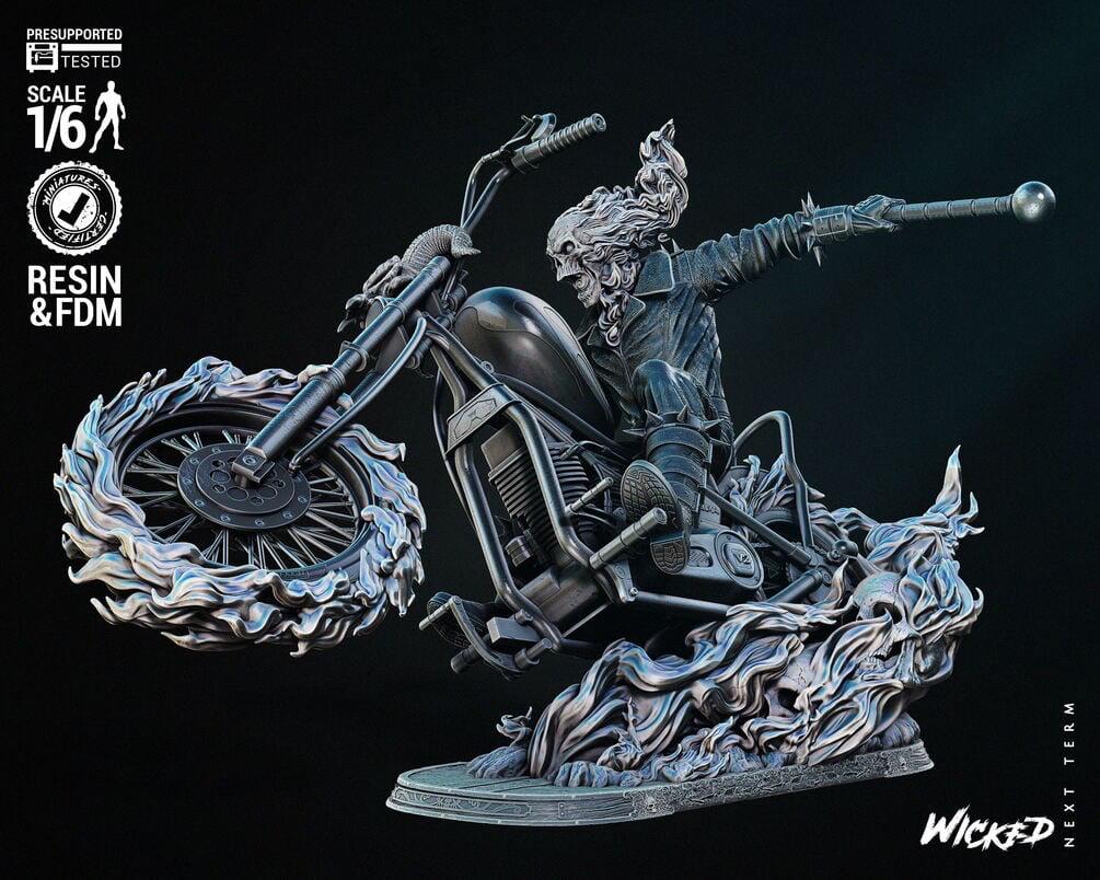 Flaming Rider statue figure statue on bike