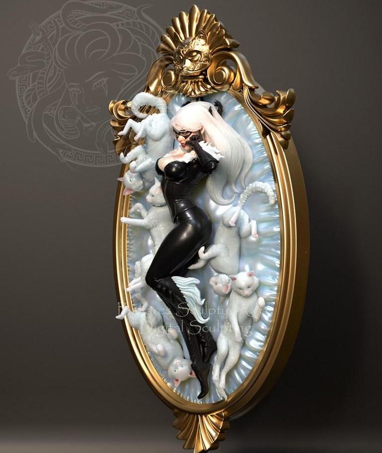 Cat Thief Resin Figurine: Gold Baroque Frame Display (38cm) hand painted