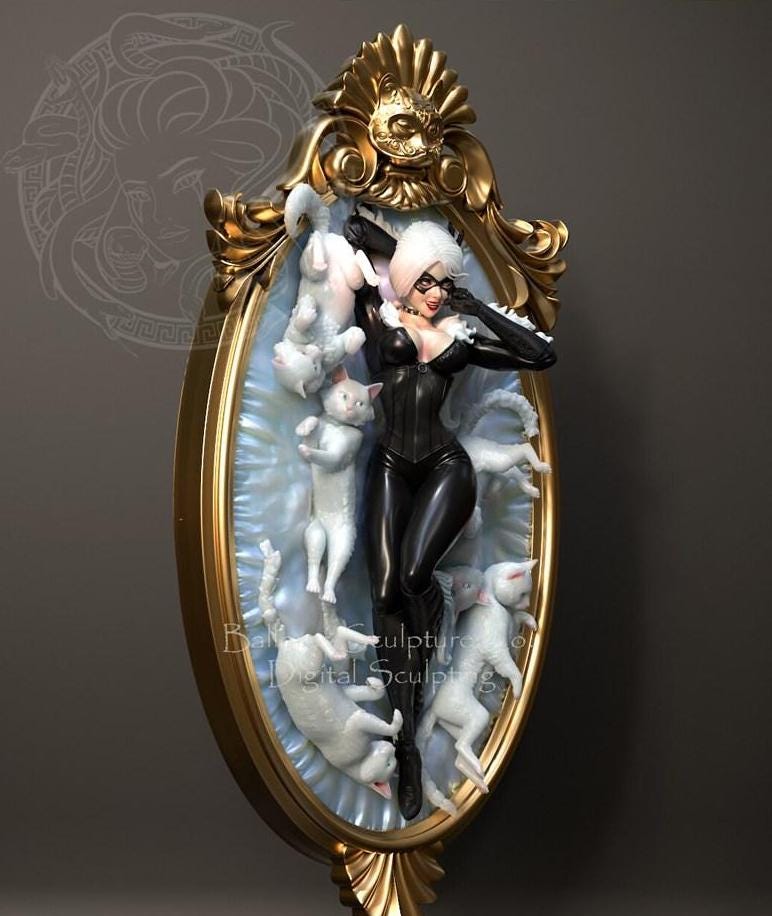Cat Thief Resin Figurine: Gold Baroque Frame Display (38cm) hand painted