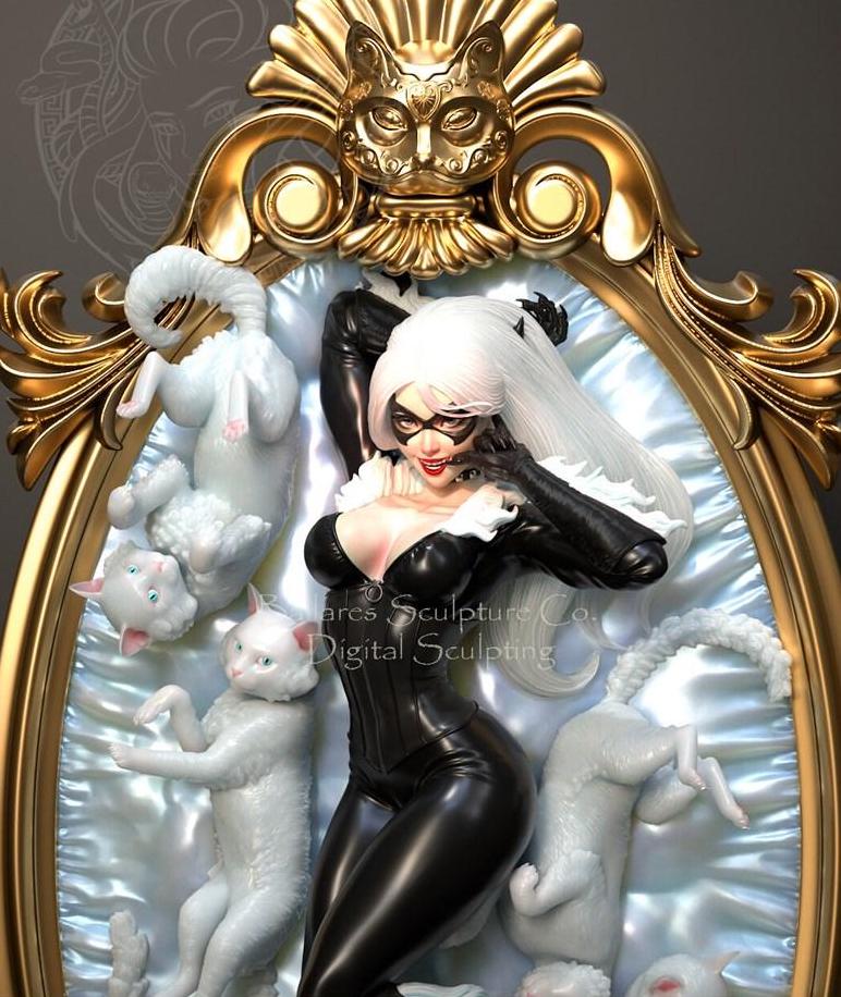 Cat Thief Resin Figurine: Gold Baroque Frame Display (38cm) hand painted