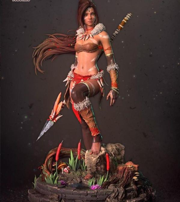 Hand-Painted 1/6 Scale Custom Figurine – Tribal Huntress Warrior with Spear and Jungle Diorama Base