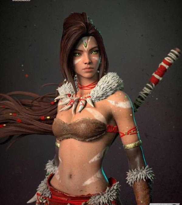 Hand-Painted 1/6 Scale Custom Figurine – Tribal Huntress Warrior with Spear and Jungle Diorama Base