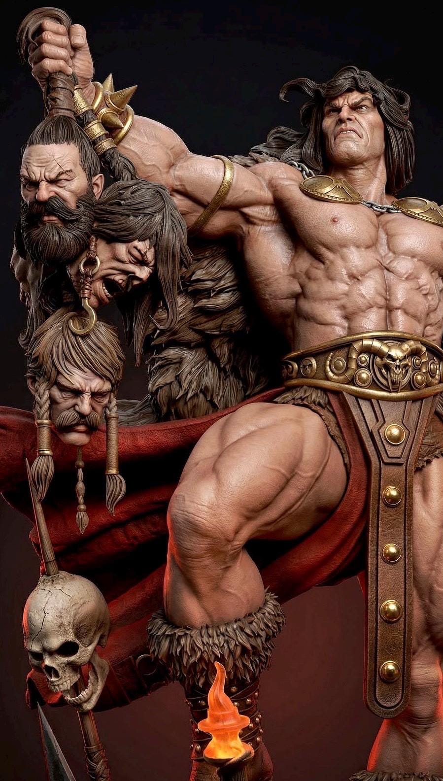 Barbarian Warlord Statue – Dark Fantasy Warrior Collectible (Weapons/Trophy Heads) 1/6 Scale