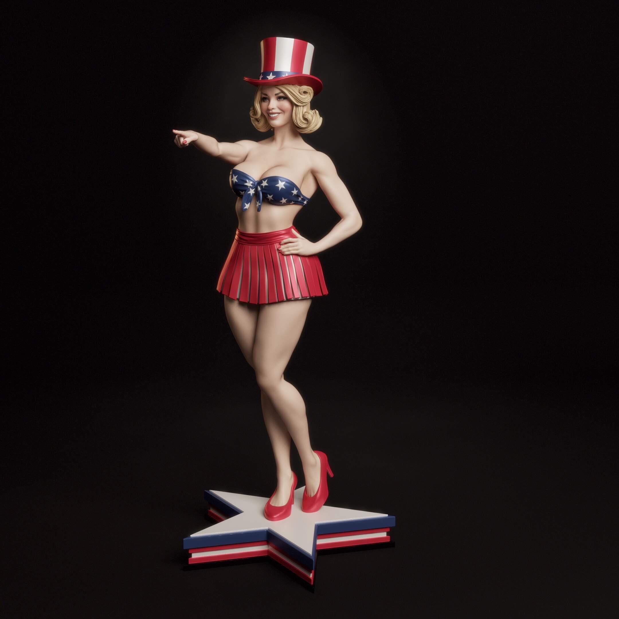 American girl Statue – Hand Painted Patriotic Pin-Up Figure | Retro Americana Collectible | 1/6 Scale