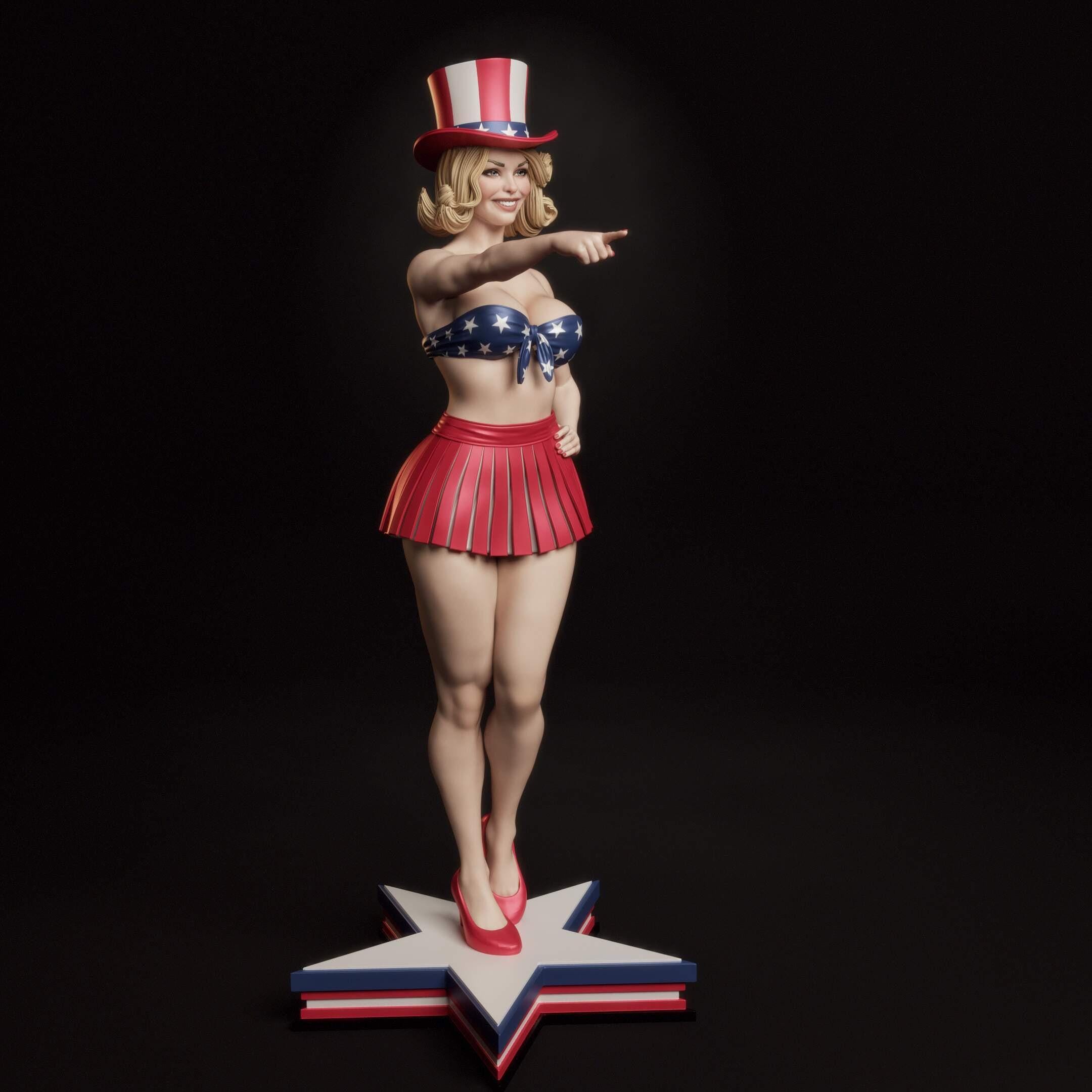 American girl Statue – Hand Painted Patriotic Pin-Up Figure | Retro Americana Collectible | 1/6 Scale