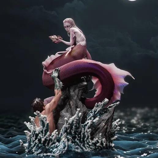 Siren and Sailor Diorama Resin Statue – Mythological Deep Sea Mermaid Figure, Hand-Painted 1/6