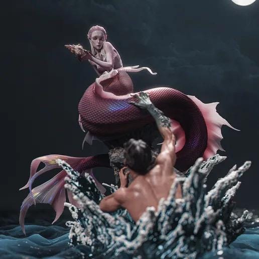 Siren and Sailor Diorama Resin Statue – Mythological Deep Sea Mermaid Figure, Hand-Painted 1/6