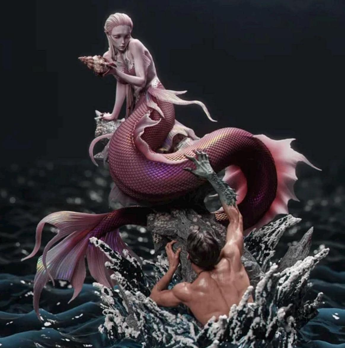 Siren and Sailor Diorama Resin Statue – Mythological Deep Sea Mermaid Figure, Hand-Painted 1/6