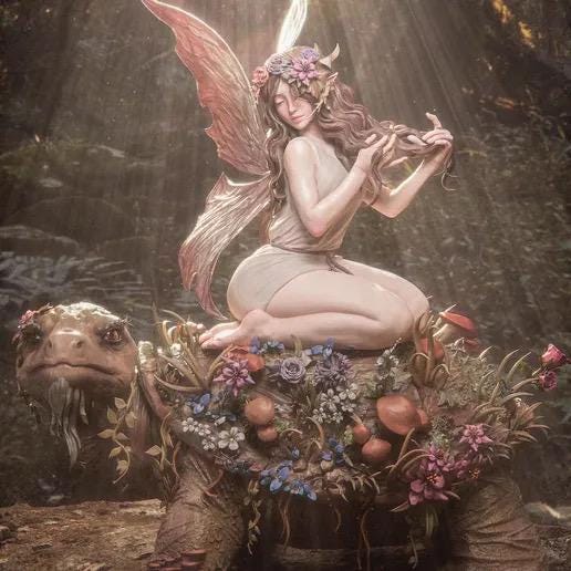 Fairy Blossom on Ancient Forest Tortoise Resin Statue – Woodland Nymph Figure with Floral Crown & Wings, Hand-Painted Fantasy Diorama 1/6