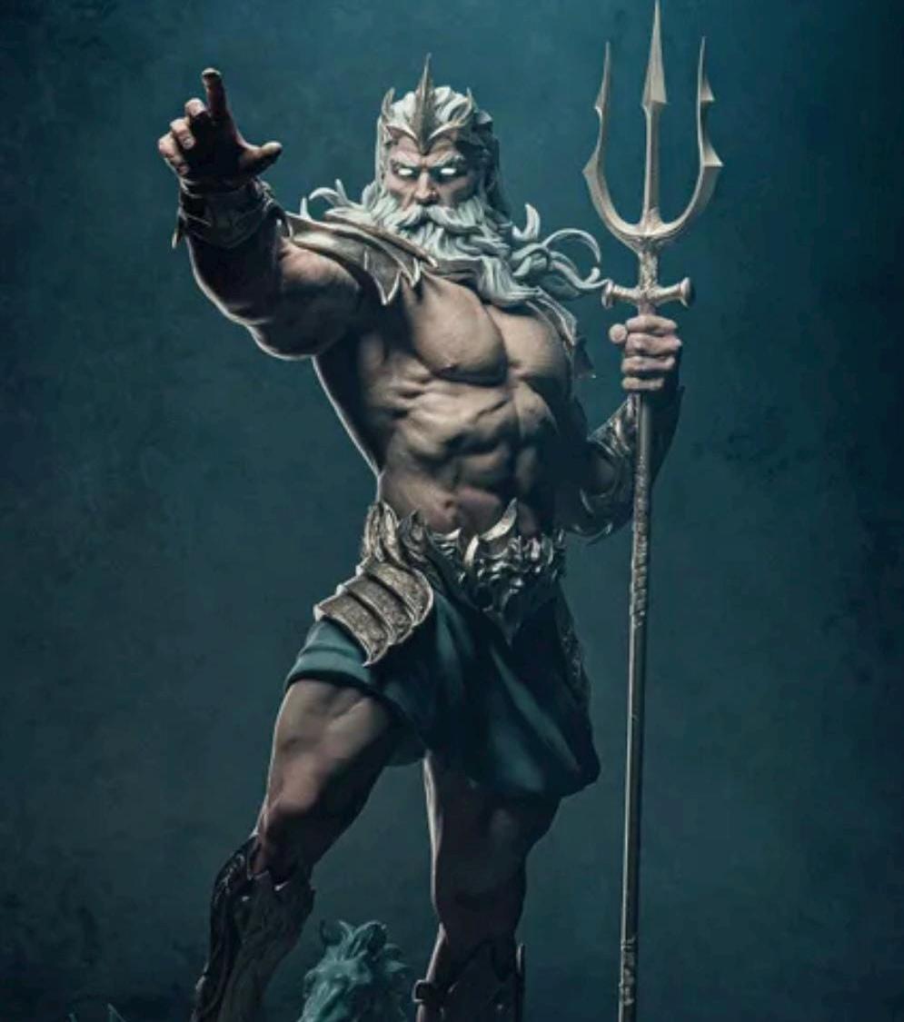 Greek God Poseidon Resin Statue – Olympian God of the Sea Figure with Trident & Hippocampus Waves, Hand-Painted 1/6