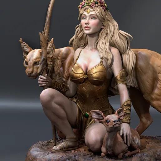Greek Goddess Artemis Resin Statue – Olympian Goddess of the Hunt Figure with Bow, Deer & Lynx, Hand-Painted 1/6