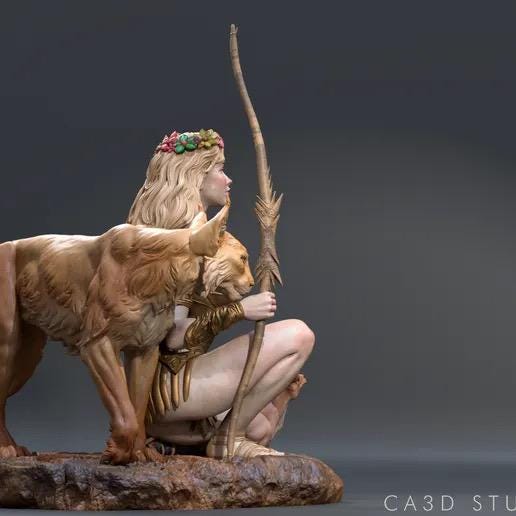 Greek Goddess Artemis Resin Statue – Olympian Goddess of the Hunt Figure with Bow, Deer & Lynx, Hand-Painted 1/6
