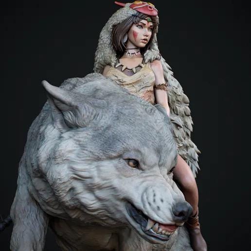 Tribal Wolf Rider Diorama – Wild Maiden Figure on Giant White Wolf with Forest Spirits, Hand-Painted Fantasy 1/6 scale