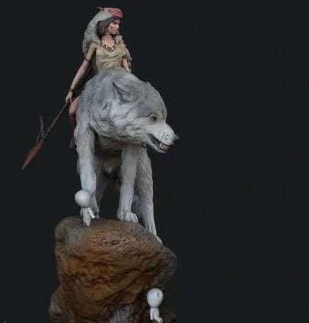 Tribal Wolf Rider Diorama – Wild Maiden Figure on Giant White Wolf with Forest Spirits, Hand-Painted Fantasy 1/6 scale