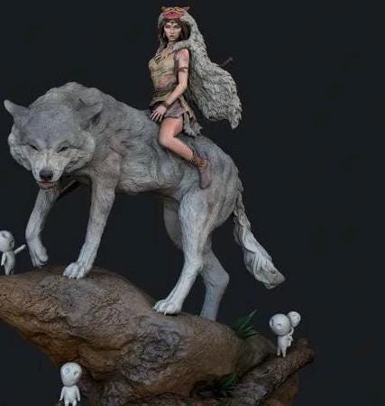 Tribal Wolf Rider Diorama – Wild Maiden Figure on Giant White Wolf with Forest Spirits, Hand-Painted Fantasy 1/6 scale