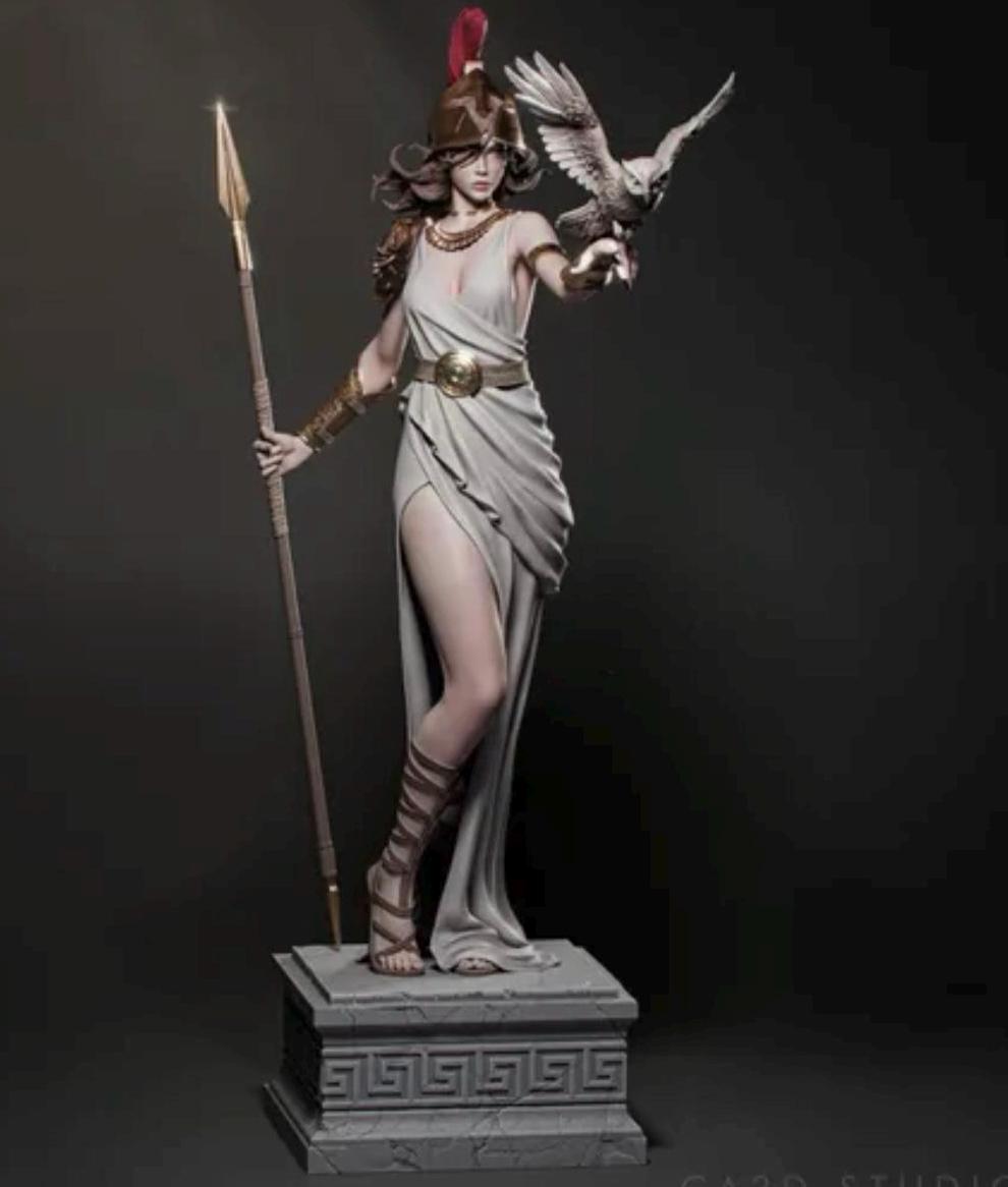 Greek Goddess Athena Resin Statue – Olympian Goddess of Wisdom and War Figure with Spear, Owl & Crested Helmet, Hand-Painted 1/6