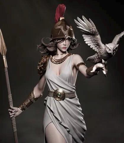 Greek Goddess Athena Resin Statue – Olympian Goddess of Wisdom and War Figure with Spear, Owl & Crested Helmet, Hand-Painted 1/6