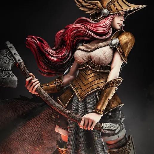Norse Valkyrie Warrior Resin Statue – Red Hair Shieldmaiden Figure with Winged Helmet & Battle Axe, Hand-Painted 1/6