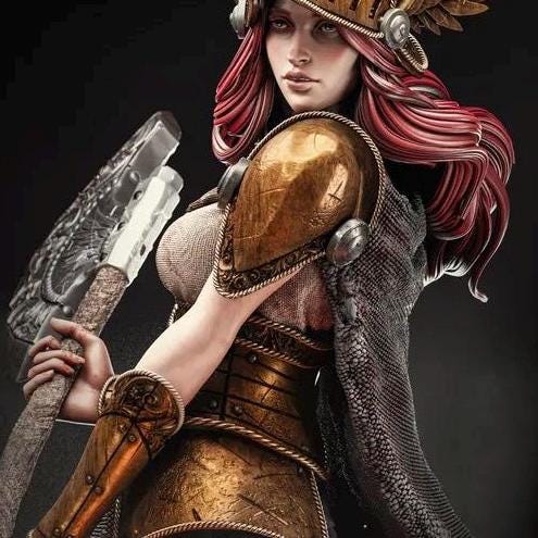 Norse Valkyrie Warrior Resin Statue – Red Hair Shieldmaiden Figure with Winged Helmet & Battle Axe, Hand-Painted 1/6