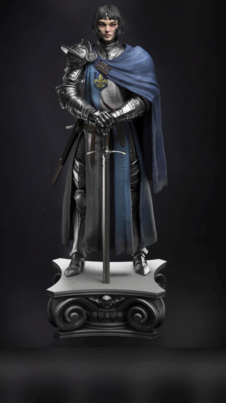 Joan of Arc Resin Statue – French Maiden Knight Figure in Gothic Plate Armor with Longsword & Fleur-de-Lis Cloak, Hand-Painted Medieval 1/6