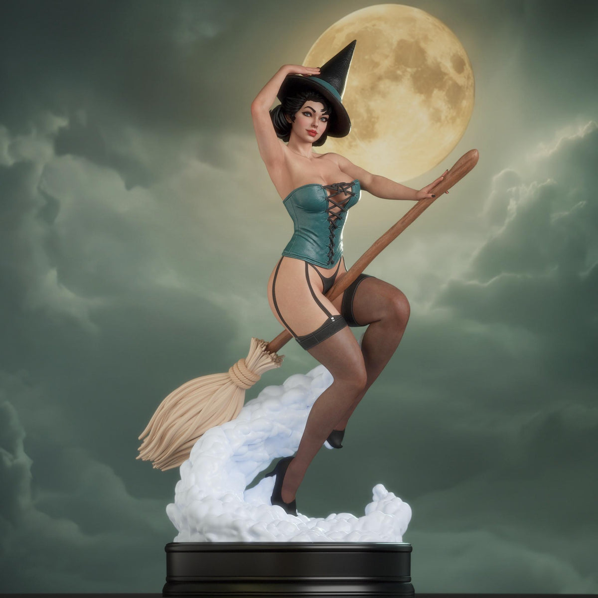 Retro Pin Up Witch Resin Statue – Flying Sorceress Figure on Broomstick, Hand-Painted Vintage 1/6