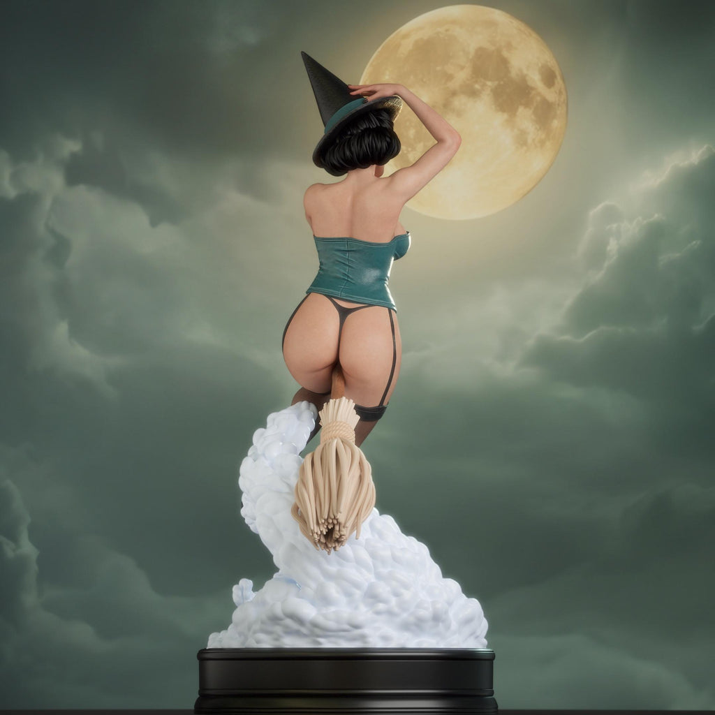 Retro Pin Up Witch Resin Statue – Flying Sorceress Figure on Broomstick, Hand-Painted Vintage 1/6