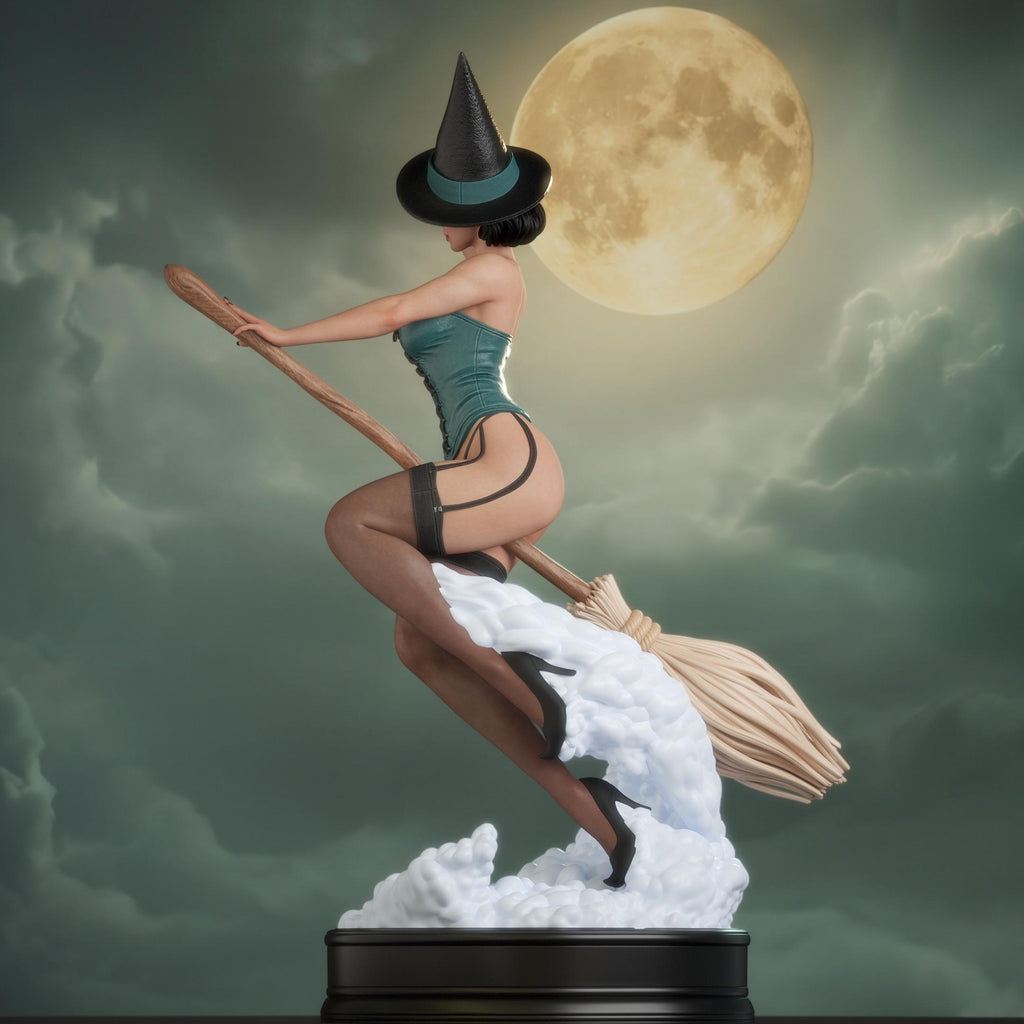 Retro Pin Up Witch Resin Statue – Flying Sorceress Figure on Broomstick, Hand-Painted Vintage 1/6