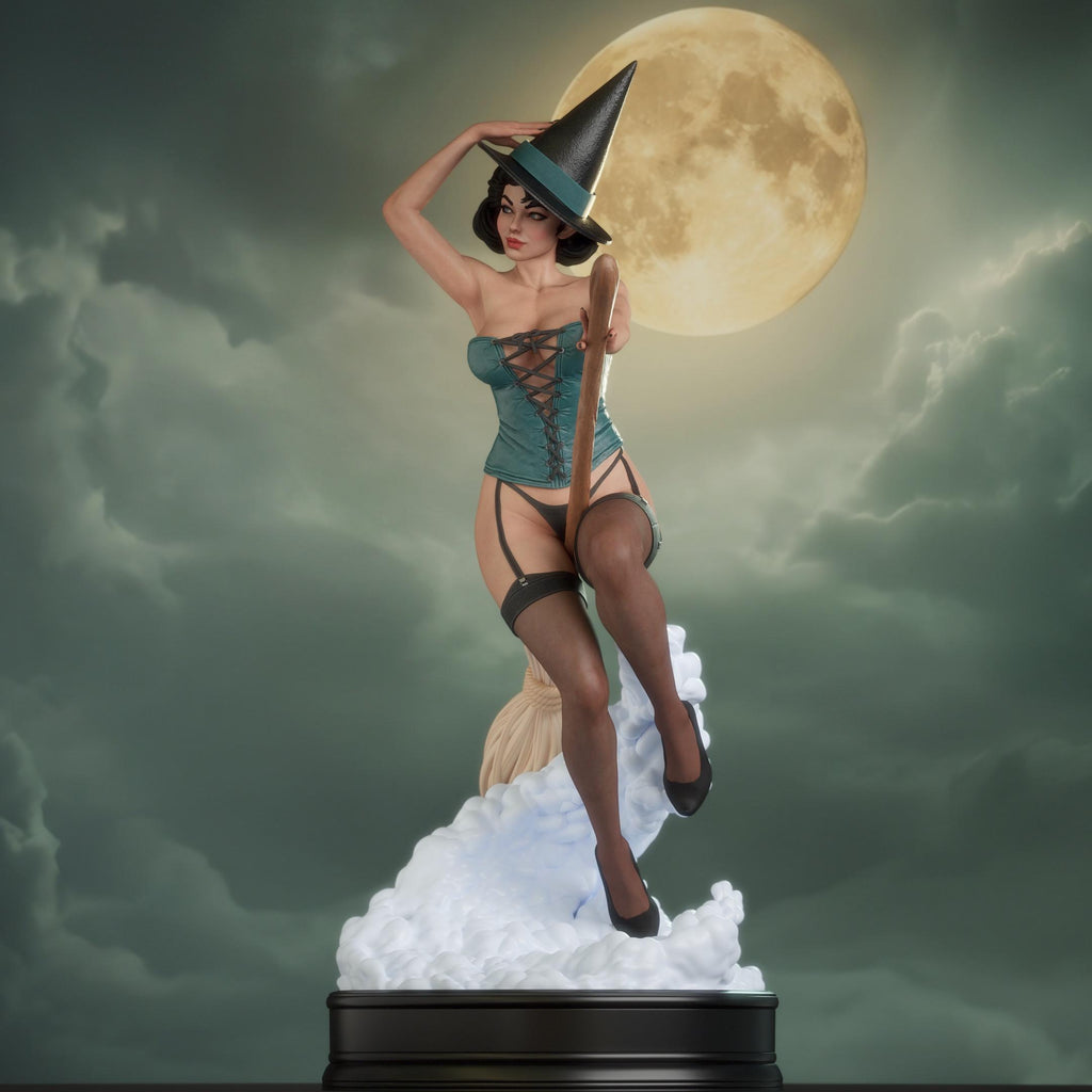 Retro Pin Up Witch Resin Statue – Flying Sorceress Figure on Broomstick, Hand-Painted Vintage 1/6