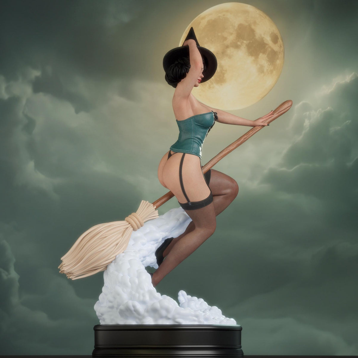 Retro Pin Up Witch Resin Statue – Flying Sorceress Figure on Broomstick, Hand-Painted Vintage 1/6