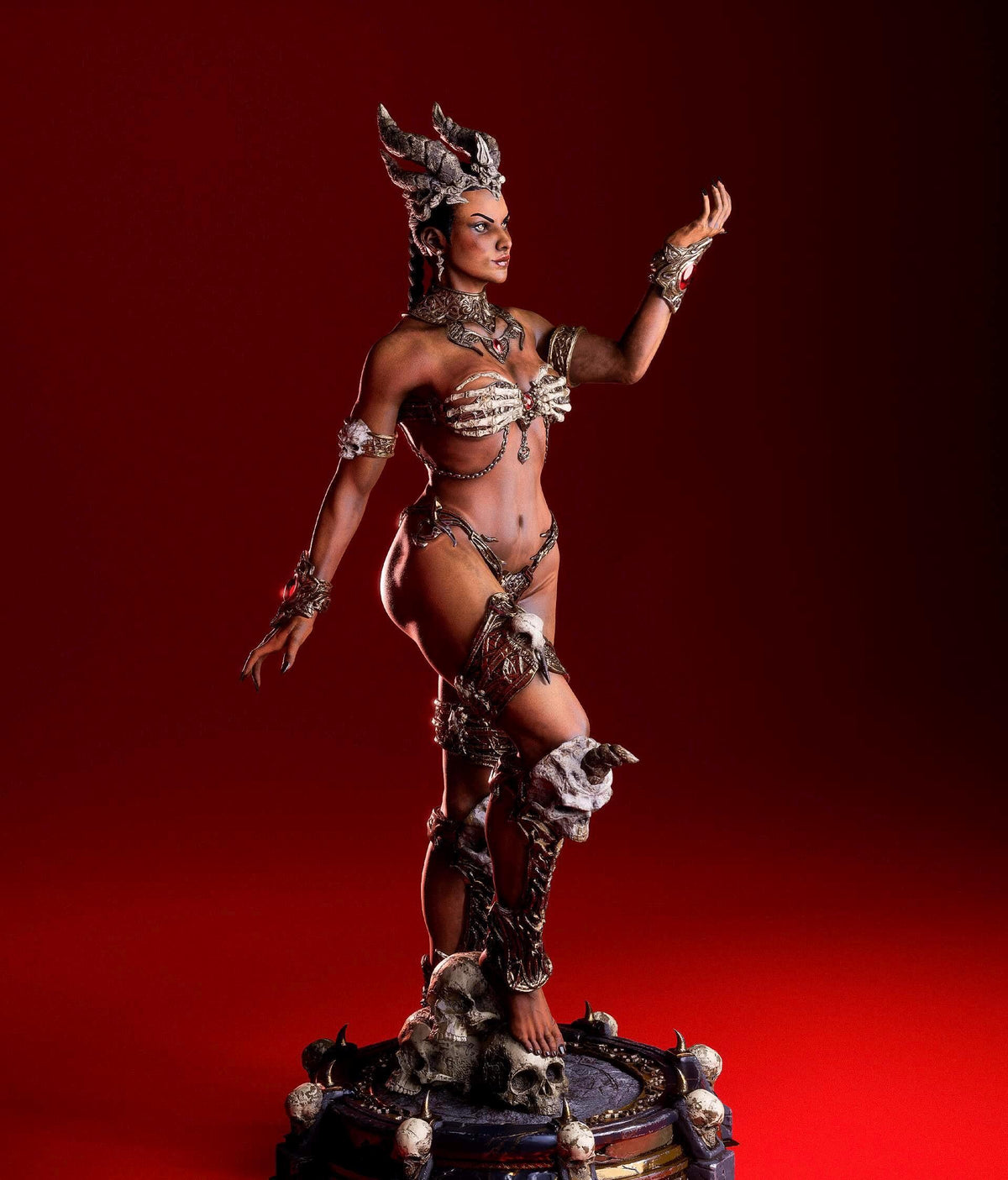 Queen of the Damned Resin Statue – Horned Demoness Figure with Bone Armor, Skull & Skulls Base, Hand-Painted Dark Fantasy 1/6