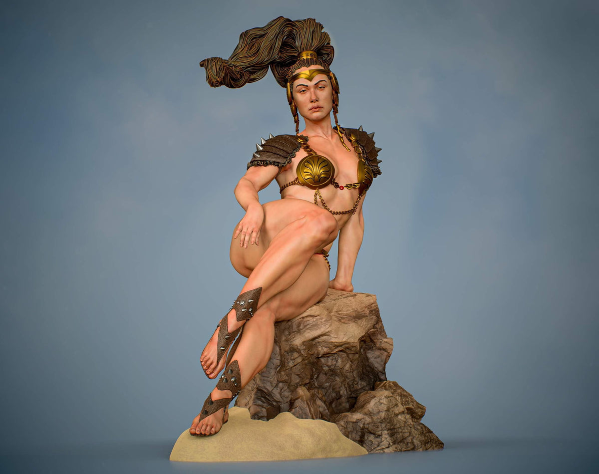 Amazon Warrior Statue – Fantasy Gladiator Pin Up Figure on Rocky Beach Base 1/6