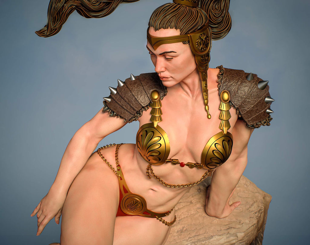 Amazon Warrior Statue – Fantasy Gladiator Pin Up Figure on Rocky Beach Base 1/6