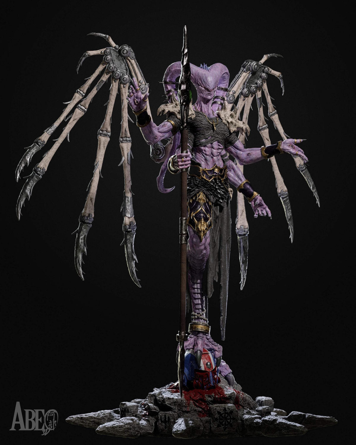 Eldritch Demon Sorcerer Resin Statue – Multi-Armed Horned Mage Figure with Bone Wings & Staff, Hand-Painted Dark Fantasy 1/6