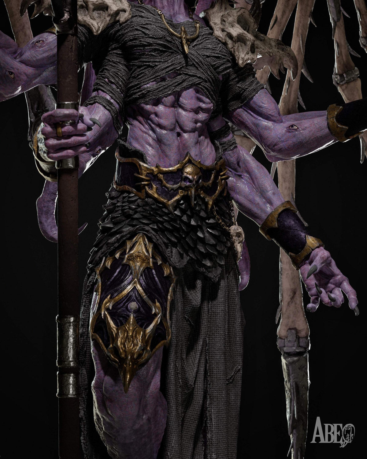 Eldritch Demon Sorcerer Resin Statue – Multi-Armed Horned Mage Figure with Bone Wings & Staff, Hand-Painted Dark Fantasy 1/6