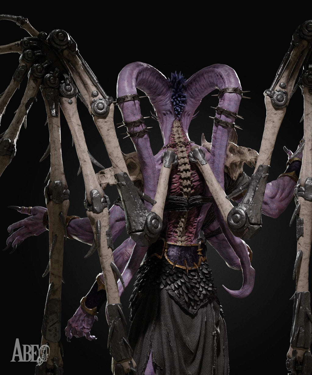 Eldritch Demon Sorcerer Resin Statue – Multi-Armed Horned Mage Figure with Bone Wings & Staff, Hand-Painted Dark Fantasy 1/6
