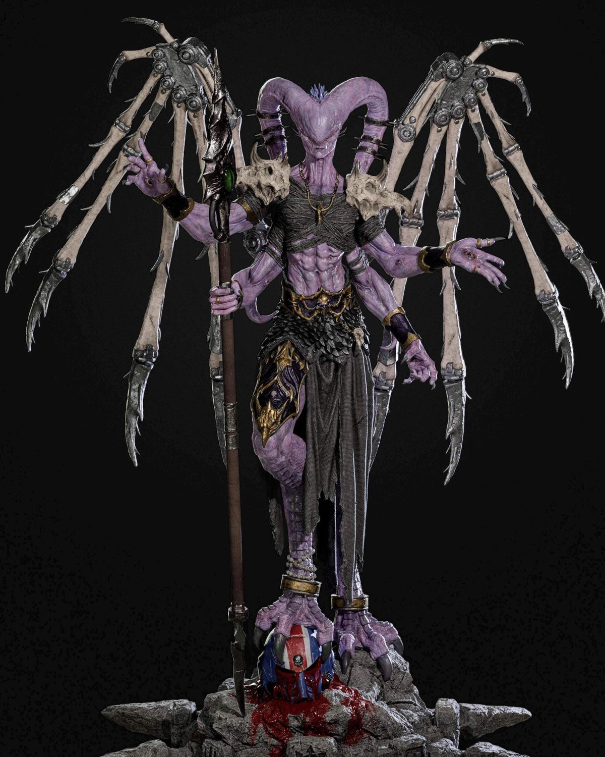 Eldritch Demon Sorcerer Resin Statue – Multi-Armed Horned Mage Figure with Bone Wings & Staff, Hand-Painted Dark Fantasy 1/6