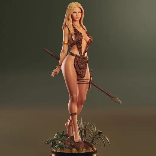 Jungle Huntress Resin Statue – Savage Warrior Maiden Figure with Spear & Leopard Fur Tunic on Jungle Base, Hand-Painted Fine Art 1/6