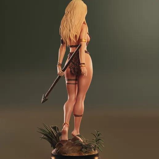 Jungle Huntress Resin Statue – Savage Warrior Maiden Figure with Spear & Leopard Fur Tunic on Jungle Base, Hand-Painted Fine Art 1/6