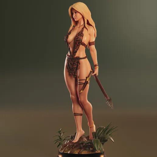 Jungle Huntress Resin Statue – Savage Warrior Maiden Figure with Spear & Leopard Fur Tunic on Jungle Base, Hand-Painted Fine Art 1/6