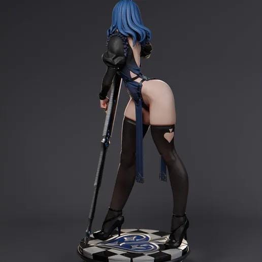 Queen of Spades Resin Statue – Blue Hair Gothic Maiden Figure with Cane on Chess Base, Hand-Painted Pin Up 1/6