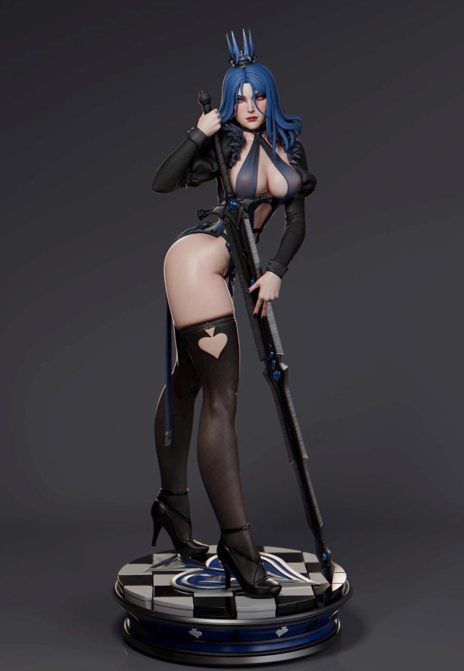 Queen of Spades Resin Statue – Blue Hair Gothic Maiden Figure with Cane on Chess Base, Hand-Painted Pin Up 1/6
