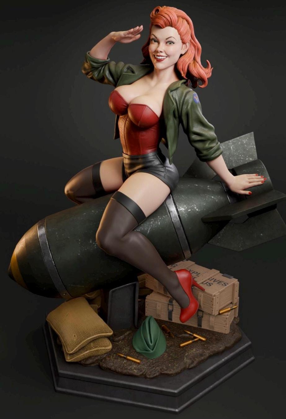 Air Force Bombshell Resin Statue – Vintage Aviation Pin Up Girl Saluting on Nose Art Base, Hand-Painted Retro Military girl 1/6