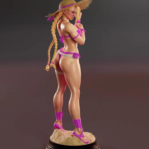 Blonde Martial Artist Summer Pin Up Resin Statue – Beach Fighter Maiden Figure in Swimsuit with Straw Hat & Sand Base, Hand-Painted 1/6