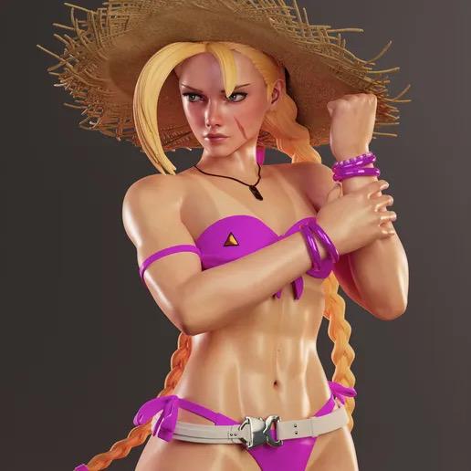 Blonde Martial Artist Summer Pin Up Resin Statue – Beach Fighter Maiden Figure in Swimsuit with Straw Hat & Sand Base, Hand-Painted 1/6