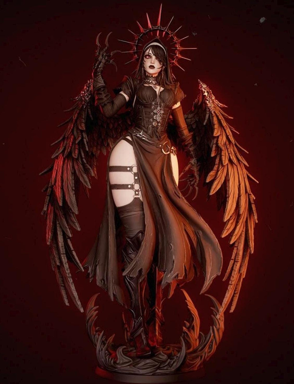 Corrupted Nun Resin Statue – Fallen Angel Gothic Priestess Figure, Hand-Painted Dark Fantasy Sculpture, Spiked Halo Occult Demoness Art 1/6