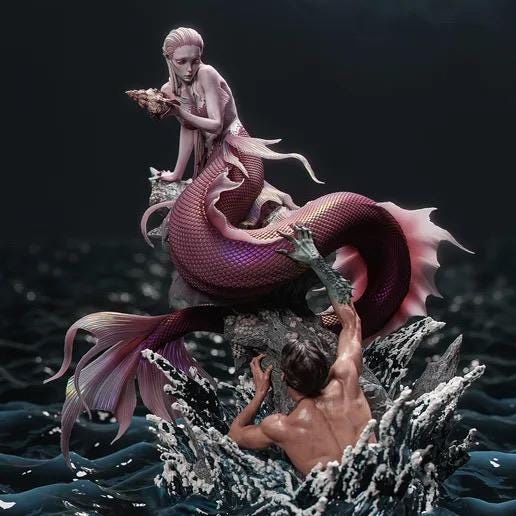 Siren and Sailor Diorama Resin Statue – Mythological Deep Sea Mermaid Figure, Hand-Painted 1/6