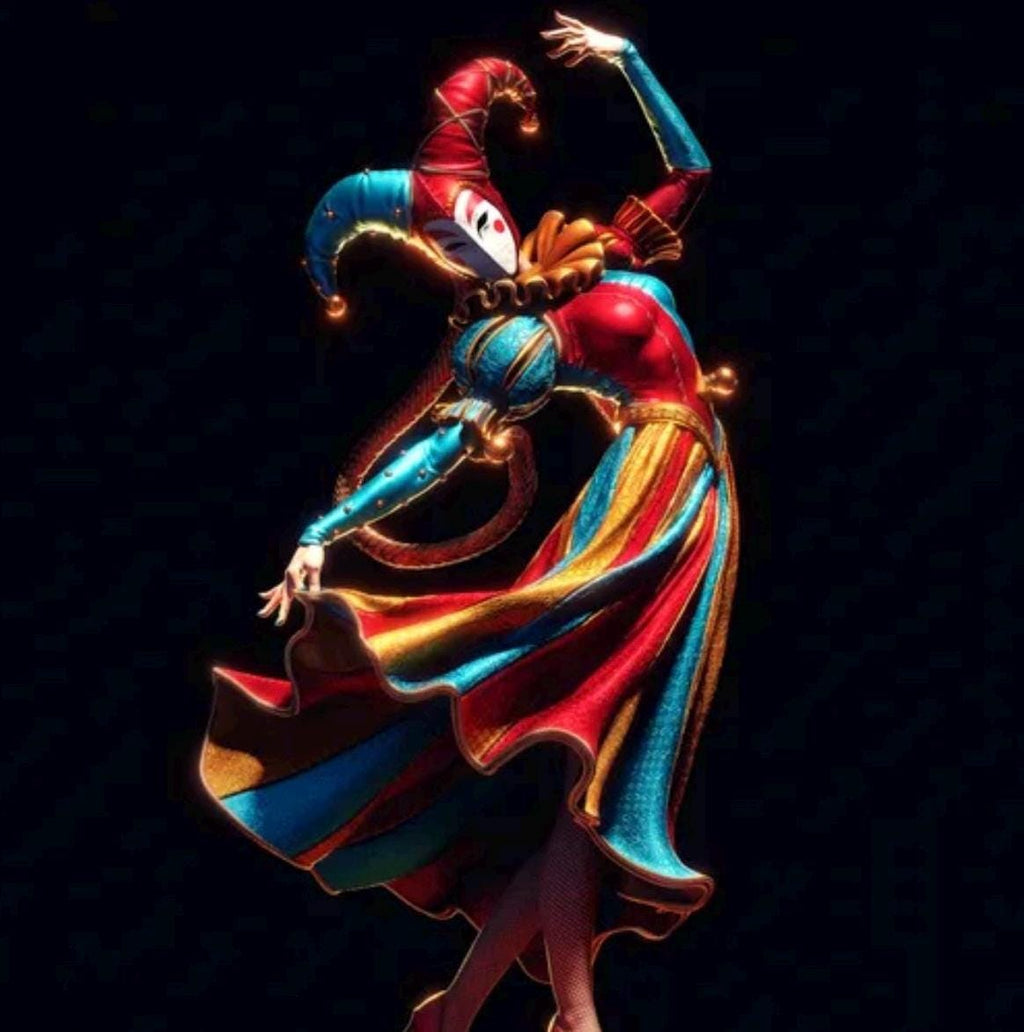 Renaissance Jester Resin Statue – Venetian Harlequin Dancer Figure, Hand-Painted Commedia dell'Arte Sculpture, Carnival Fool Art Decor 1/6