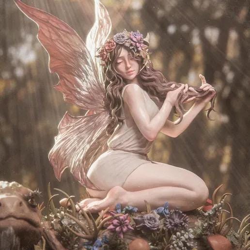 Fairy Blossom on Ancient Forest Tortoise Resin Statue – Woodland Nymph Figure with Floral Crown & Wings, Hand-Painted Fantasy Diorama 1/6