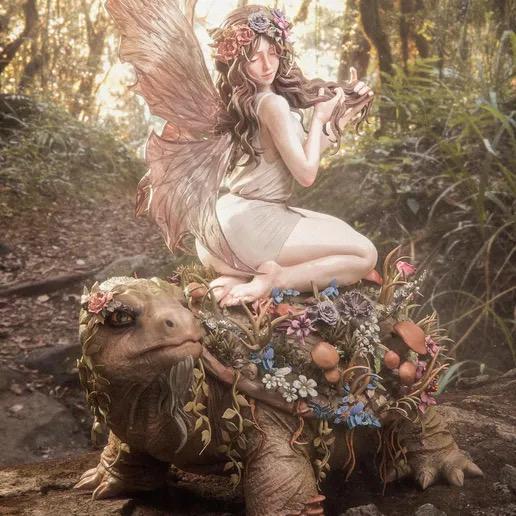 Fairy Blossom on Ancient Forest Tortoise Resin Statue – Woodland Nymph Figure with Floral Crown & Wings, Hand-Painted Fantasy Diorama 1/6